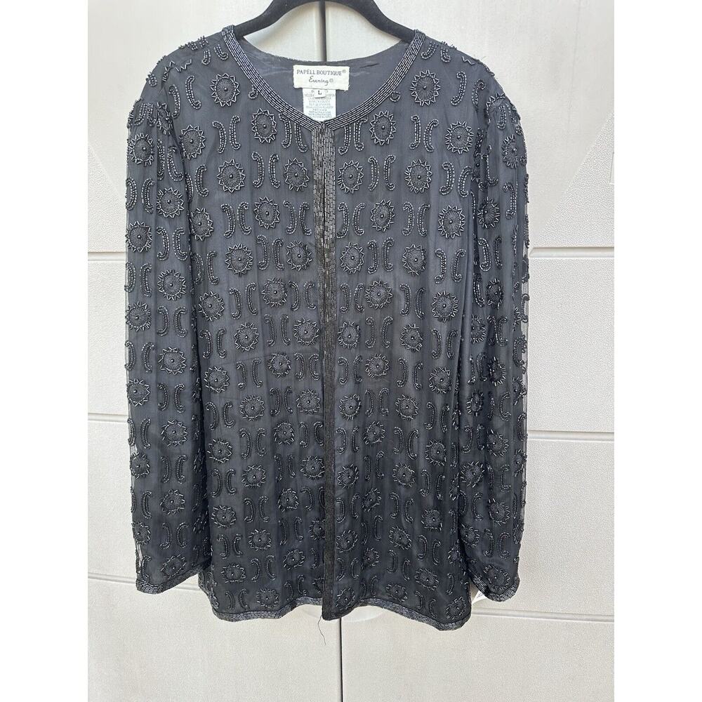 VTG 80s Adrianna Papell 100% Silk Black Beaded Sequin Evening Jacket Sz L Formal